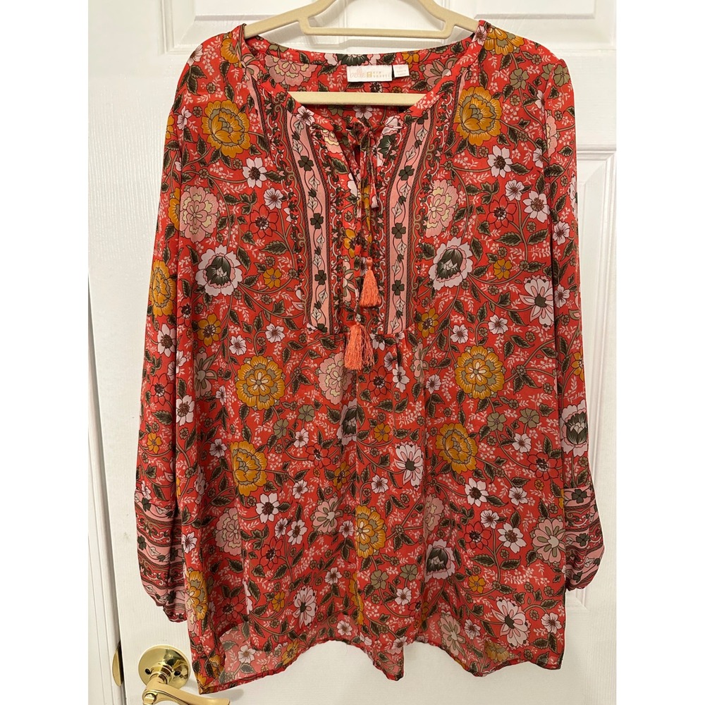Belle by Kim Gravel Floral Boho Tassel Blouse Red Orange XL
